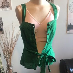 Who What Wear Bodice Style Green Sleeveless Linen Tie-Up Button-Up Top S…